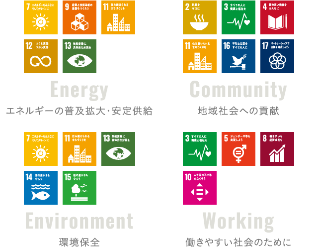Energy:エネルギーの普及拡大・安定供給 Community:地域社会への貢献 Environment:環境保全 Working:働きやすい社会のために