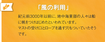 「風の利用」紀元前3000年以前に、地中海東部の人々は船に帆をつけはじめたといわれています。マストの受け口とロープを通す穴もついていたそうです。