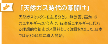 「天然ガス時代の幕開け」天然ガスはメタンを主成分とし、無公害、高カロリーのエネルギーという点で、石油系エネルギーに代わる理想的な都市ガス原料として注目されました。日本では昭和44年に導入開始。