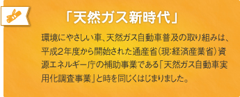 「天然ガス新時代」環境にやさしい車、天然ガス自動車普及の取り組みは、平成2年度から開始された通産省（現：経済産業省）資源エネルギー庁の補助事業である「天然ガス自動車実用化調査事業」と時を同じくはじまりました。