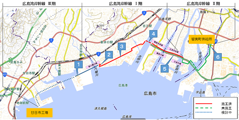 湾岸幹線Ⅰ期とIII期の地図